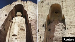 Bamian vadisində 55 metrlik Budda heykəli dağıdılmamışdan əvvəl və sonra. 1997