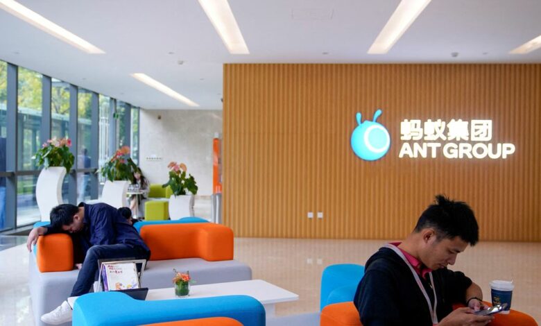 A logo of Ant Group is pictured at the headquarters of Ant Group, an affiliate of Alibaba, in Hangzhou