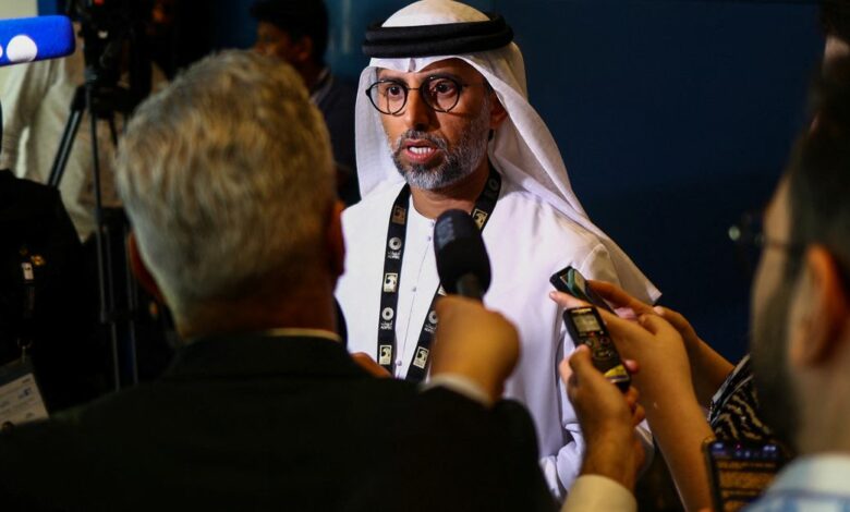 United Arab Emirates Minister of Energy and Infrastructure Suhail Mohamed Al Mazrouei speaks to reporters at the Abu Dhabi International Petroleum Exhibition and Conference (ADIPEC) in Abu Dhabi