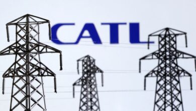 Illustration shows Electric power transmission pylon miniatures and CATL logo