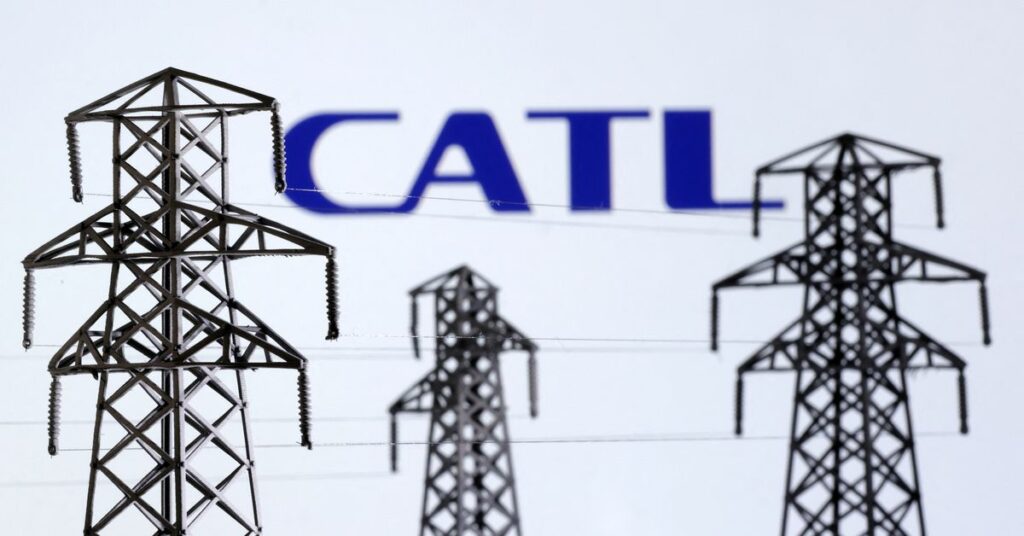 Illustration shows Electric power transmission pylon miniatures and CATL logo