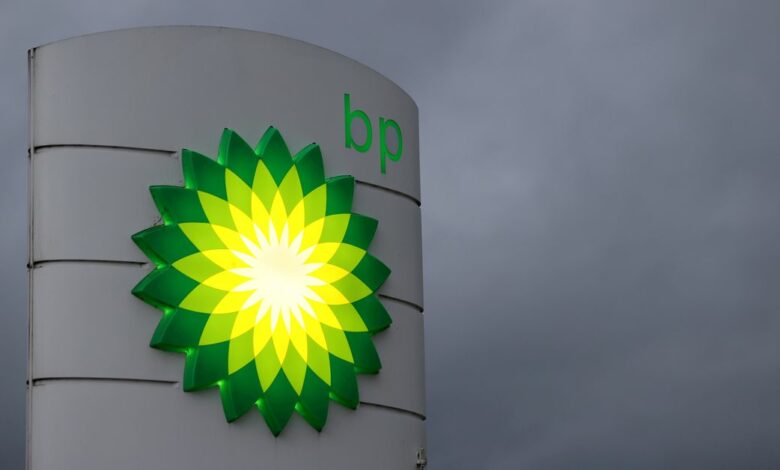 An illuminated BP logo is seen at a petrol station in Gateshead, Britain September 23, 2021