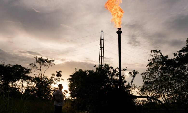 Gas flare is pictured at state-owned oil company Petroecuador
