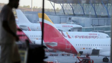An Iberia Express aircraft is seen on the tarmac of Adolfo Suarez Madrid-Barajas Airport