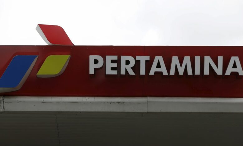A sign of the state-owned Pertamina seen at a petrol station in Jakarta