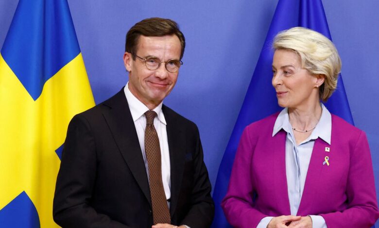 Swedish PM Kristersson is welcomed by EU President Ursula von der Leyen, in Brussels