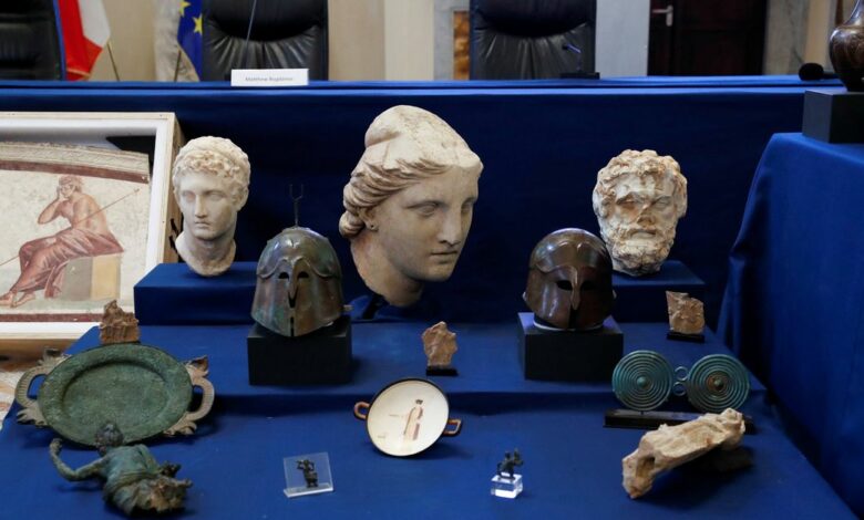 Italian Ministry of Culture Sangiuliano presents antiquities returned from U.S., in Rome