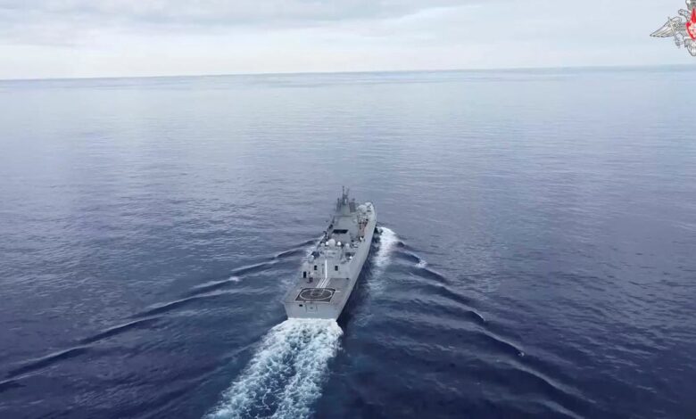 Russian warship holds drills in the Atlantic Ocean