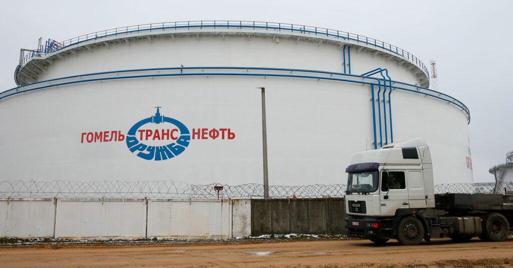Storage tank is pictured at the Gomel Transneft oil pumping station, which moves crude through the Druzhba pipeline westwards to Europe