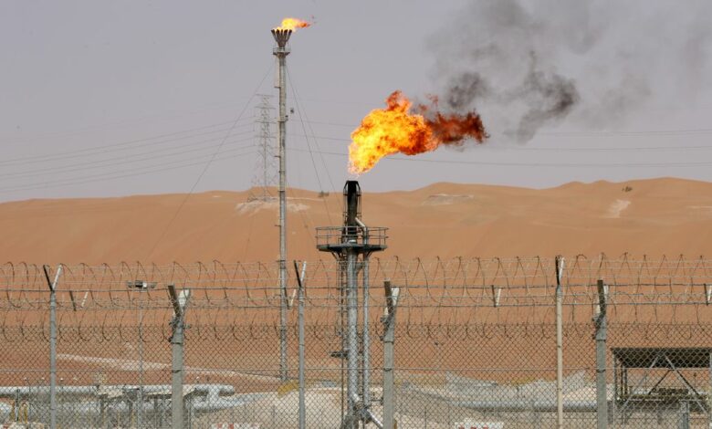 Flames are seen at the production facility of Saudi Aramco