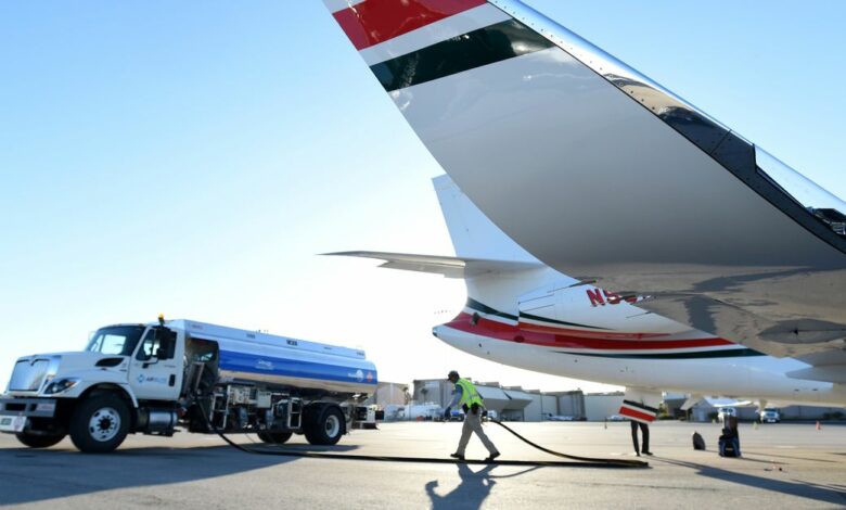 A business jet is refuelled using Jet A fuel at the Henderson Executive Airport during the National Business Aviation Association (NBAA) exhibition in Las Vegas