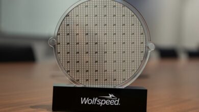 U.S. power chip maker Wolfspeed’s silicon carbide 200mm wafer is seen on display at Wolfspeed’s Mohawk Valley Fab in Marcy