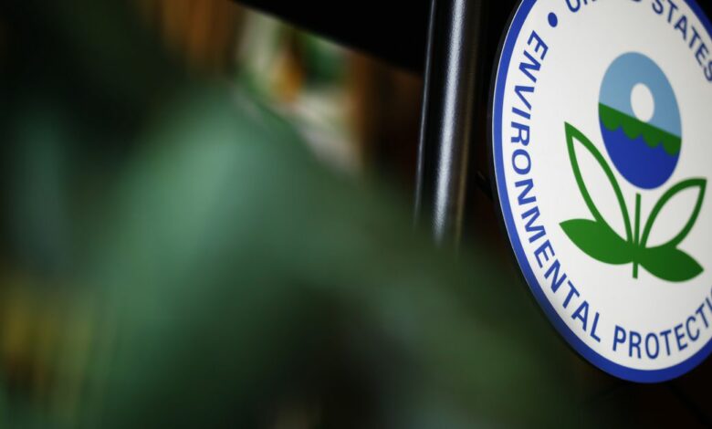 The U.S. Environmental Protection Agency (EPA) sign is seen on the podium at EPA headquarters in Washington