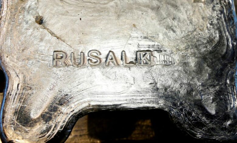 Aluminium ingots are seen stored at the foundry shop of the Rusal Krasnoyarsk aluminium smelter in Krasnoyarsk