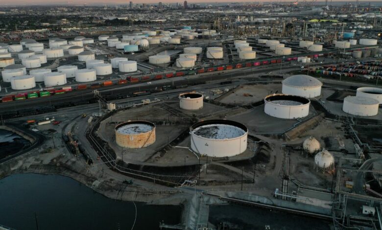 Aerial view of storage tanks at Kinder Morgan Terminal and Phillips 66 Refinery in Carson, California