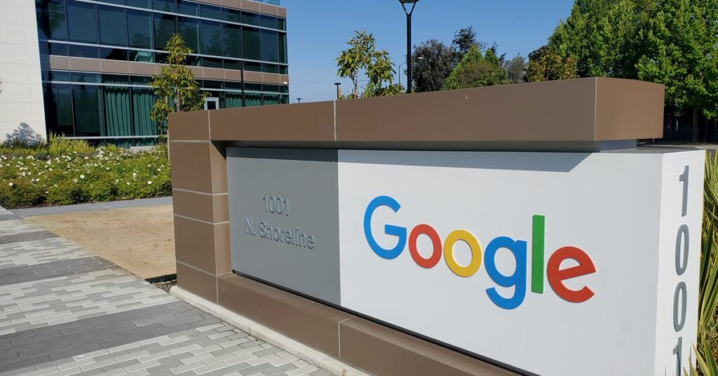 A sign is pictured outs a Google office near the company