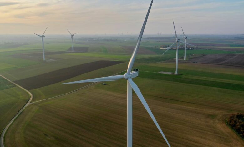 An aerial view shows a wind farm in Graincourt-les-Havrincourt