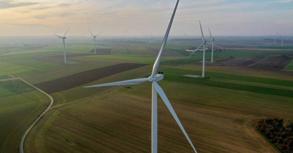 An aerial view shows a wind farm in Graincourt-les-Havrincourt