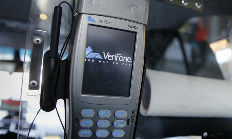 A credit card payment terminal is seen photographed in New York