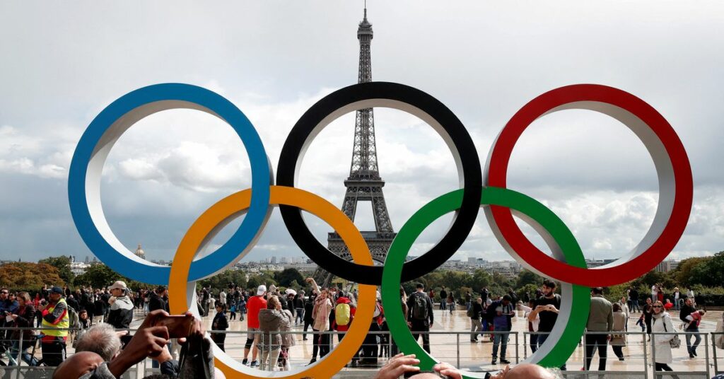 Olympic rings to celebrate the IOC official announcement that Paris won the 2024 Olympic bid are seen in front of the Eiffel Tower at the Trocadero square in Paris