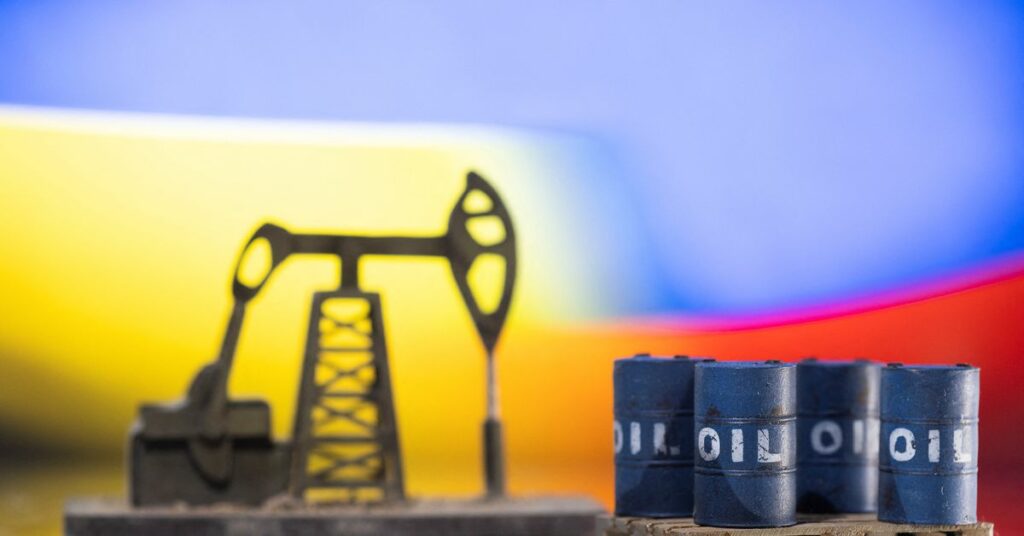 Models of oil barrels, pump jack and displayed Ukrainian and Russian flag colors in this illustration