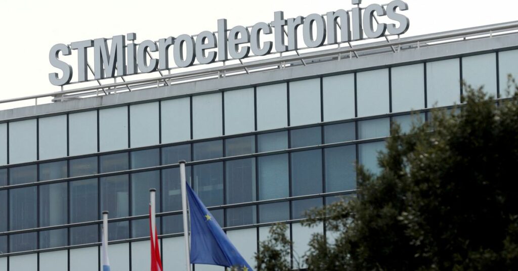 A logo is pictured on the factory of STMicroelectronics in Plan-les-Oautes