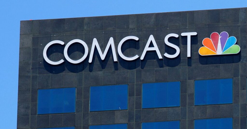 The Comcast NBC logo is shown on a building in Los Angeles, California