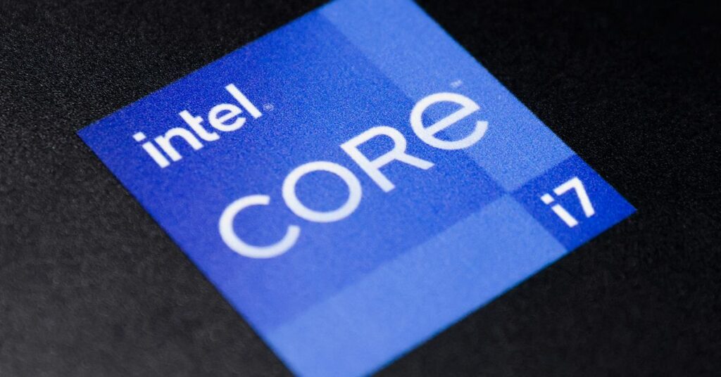 The Intel Corporation logo is seen on a display in a store in Manhattan, New York City