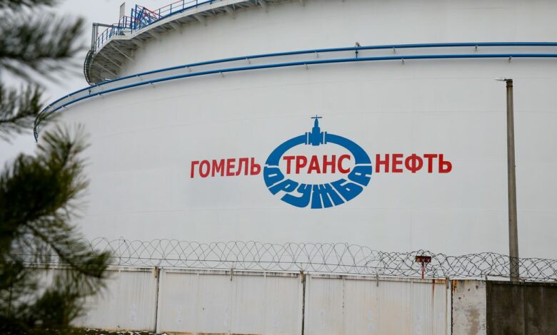 Storage tank is pictured at the Gomel Transneft oil pumping station, which moves crude through the Druzhba pipeline westwards to Europe