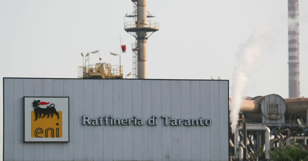 An entrance of the oil refinery of Eni is seen in Taranto