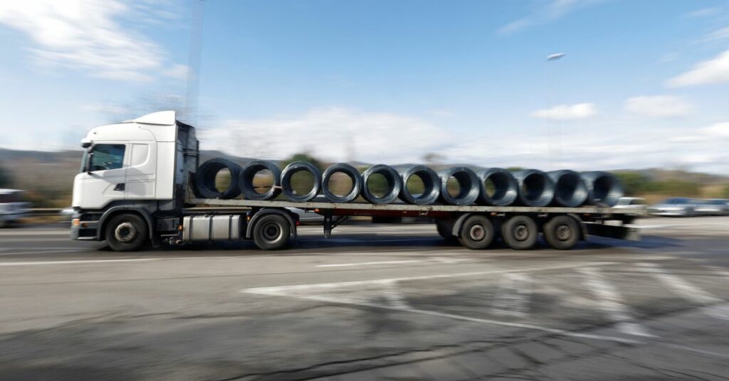 A truck leaves Celsa factory in Castellbisbal, near Barcelona