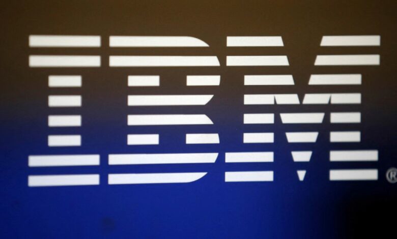 The logo of Dow Jones Industrial Average stock market index listed company IBM (IBM) is seen in Los Angeles