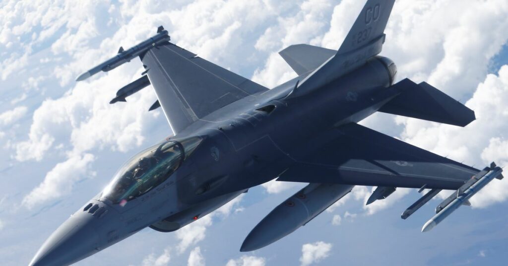 A U.S. Air Force F-16 fighter taking part in the U.S.-led Saber Strike exercise flies over Estonia