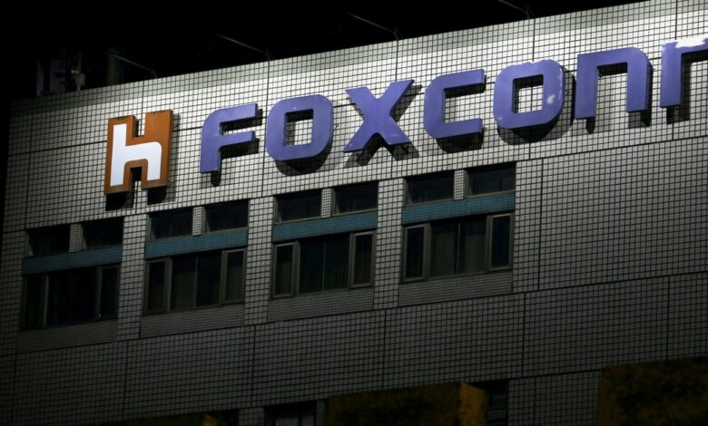 The logo of Foxconn is seen outside a company