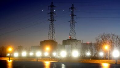 Night view shows Electricite de France nuclear power plant near Fessenheim