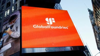 Screen displays the company logo for semiconductor and chipmaker, GlobalFoundries Inc. during the company