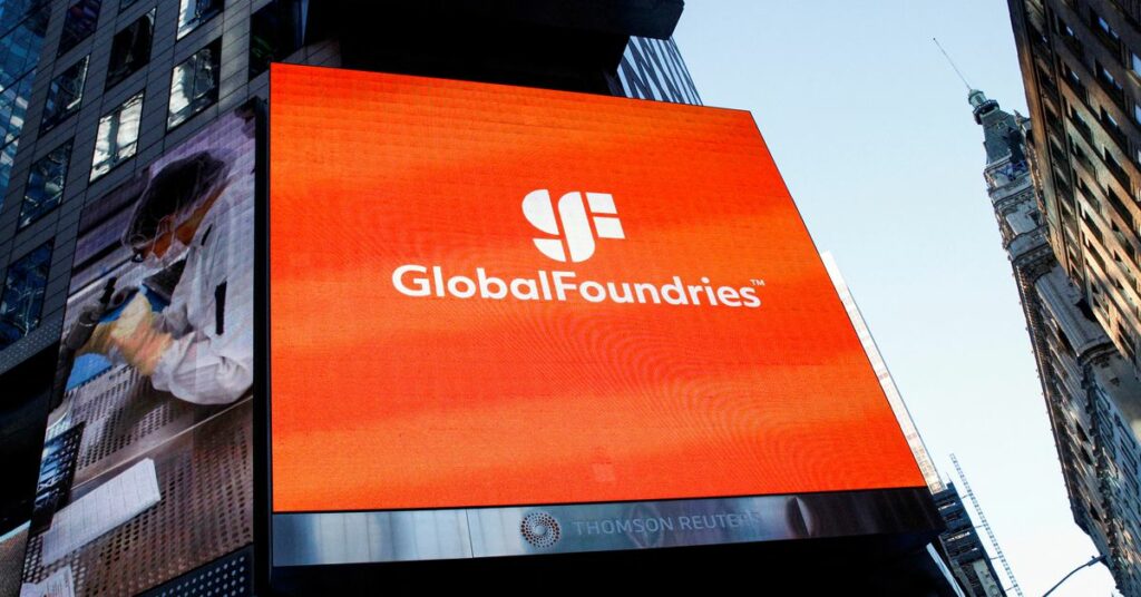Screen displays the company logo for semiconductor and chipmaker, GlobalFoundries Inc. during the company