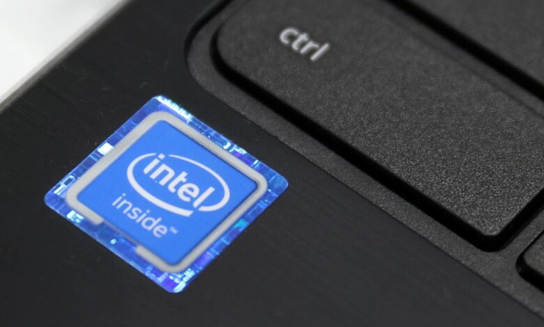 An Intel Corporation logo is seen on a sticker on a laptop for sale in Queens, New York