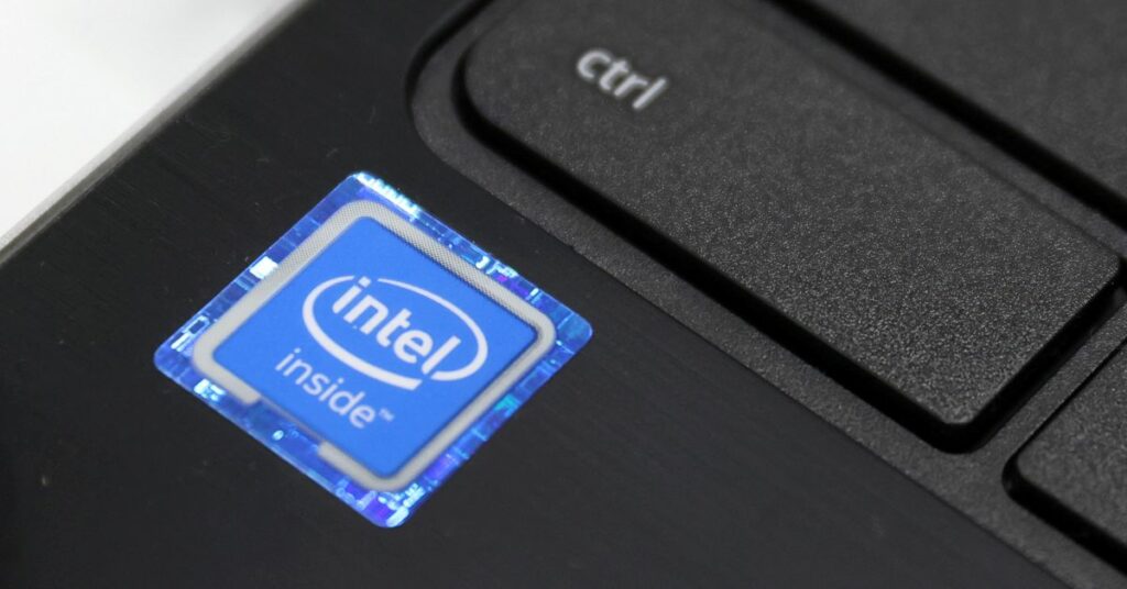 An Intel Corporation logo is seen on a sticker on a laptop for sale in Queens, New York