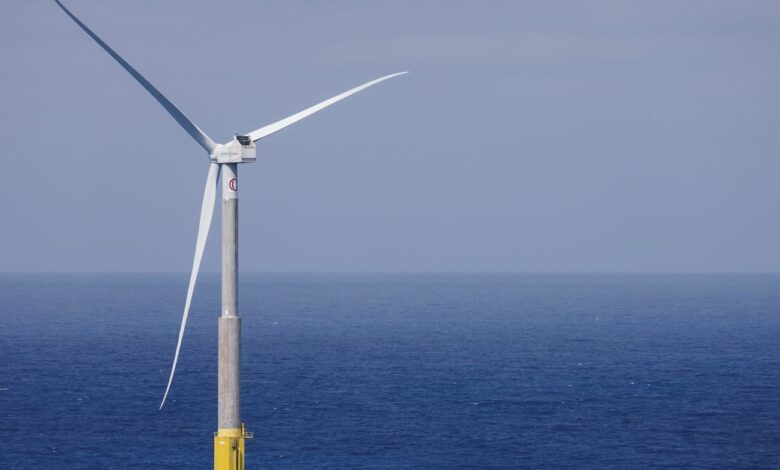 An offshore wind turbine of the Siemens Gamesa company is seen from the Telde coast on the island of Gran Canaria