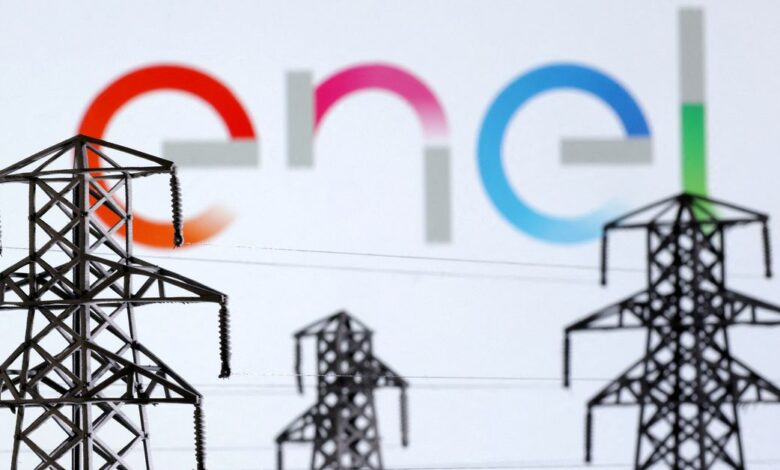 Illustration shows Electric power transmission pylon miniatures and Enel logo