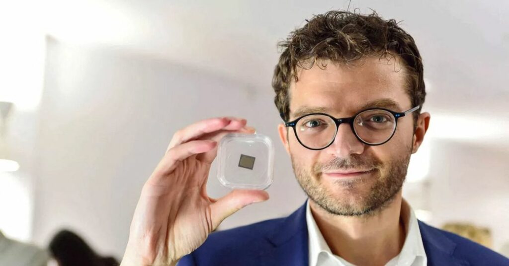 Luca Verre, co-founder and CEO of vision chip company Prophesee, shows the latest chip inspired to work the way human eye processes vision, in Paris