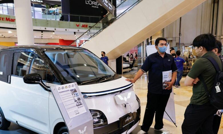 Wuling Air EV electric car at a shopping mall in Jakarta