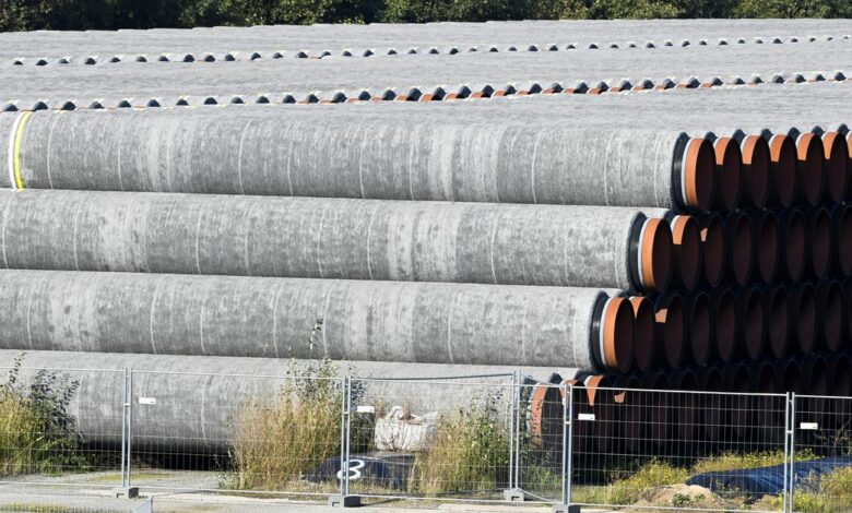 Pipes for the Nord Stream 2 gas pipeline in the Baltic Sea, which are not used, are seen in the harbour of Mukran