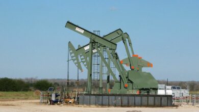A pump jack used to help lift crude oil from a well in South Texas? Eagle Ford Shale formation stands idle in Dewitt County Texas