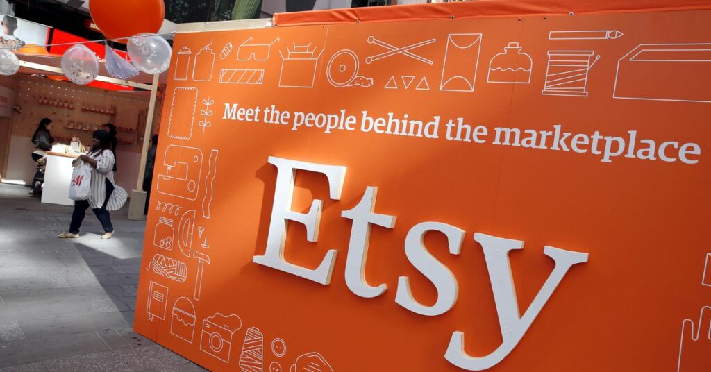 A sign advertising the online seller Etsy Inc. is seen outside the Nasdaq market site in Times Square following Etsy