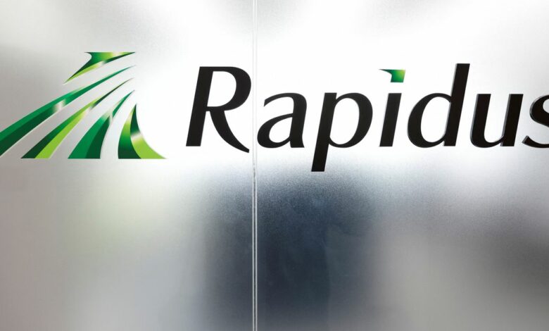 The logo of Rapidus Corp. is displayed at the company headquarters in Tokyo