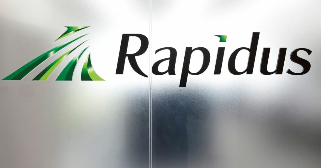 The logo of Rapidus Corp. is displayed at the company headquarters in Tokyo