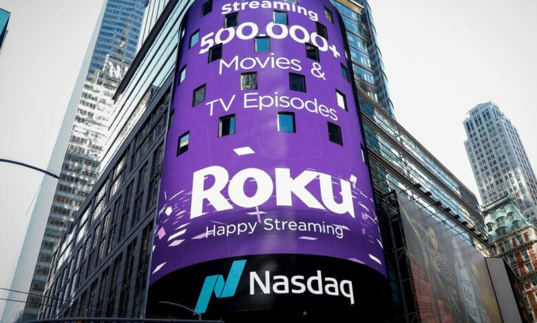 A video sign displays the logo for Roku Inc, a Fox-backed video streaming firm, in Times Square after the company