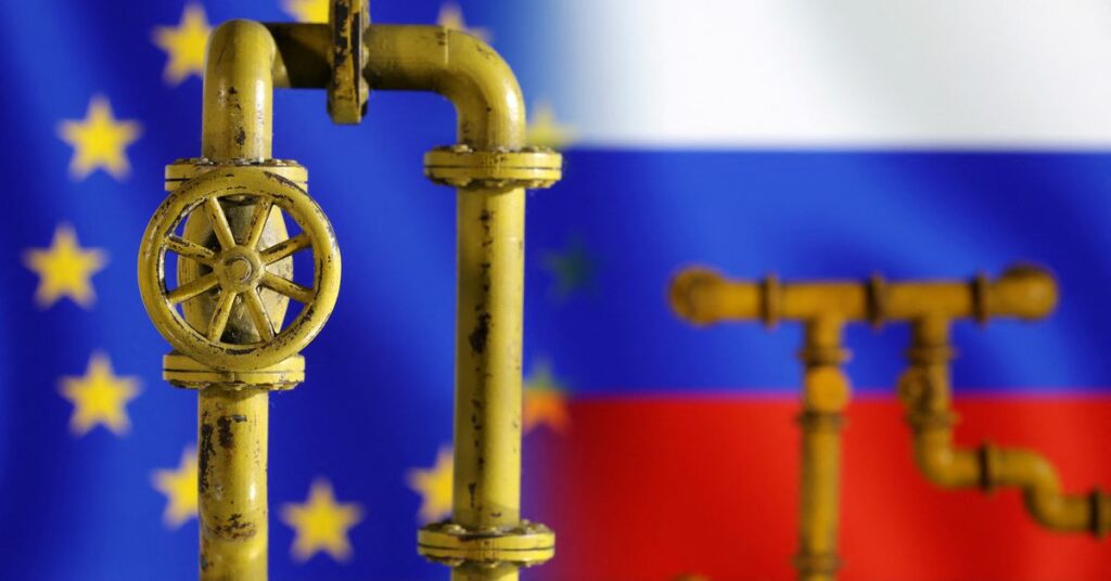 Illustration shows natural gas pipeline, EU and Russia flags